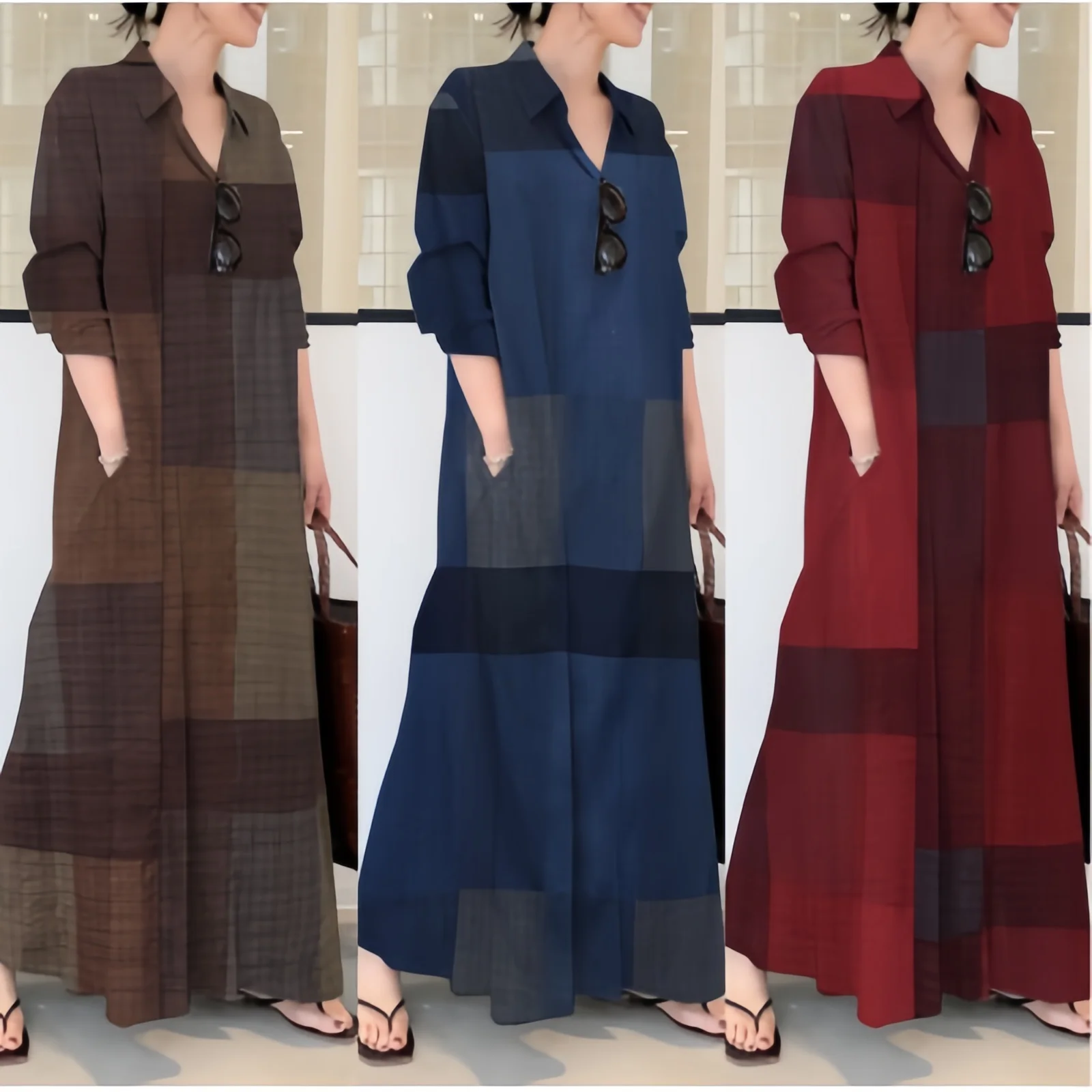 

Long Sleeve Cotton Print Shirt Dress Large Size Casual Style Spring 2026 Loose Fit Long Dress with Pocket Turn-down Collar