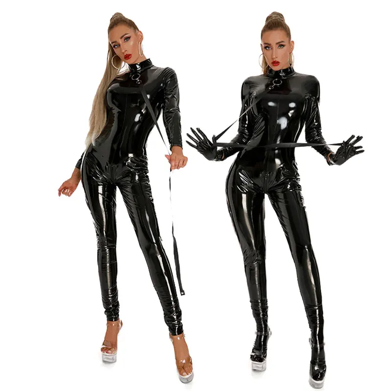 Vrouwen skinny kunstleer jumpsuit zwart glanzend PU latex bodysuit sexy zip open kruis catsuit clubwear PVC latex bodysuit