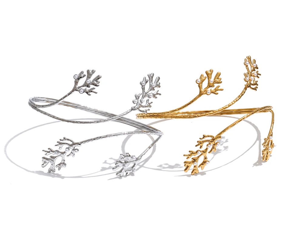 Yhpup 2026 Stainless Steel Pearls Leaf Adjustable Arm Bracelet for Women 18K Gold Color PVD Summer Fashion Jewelry