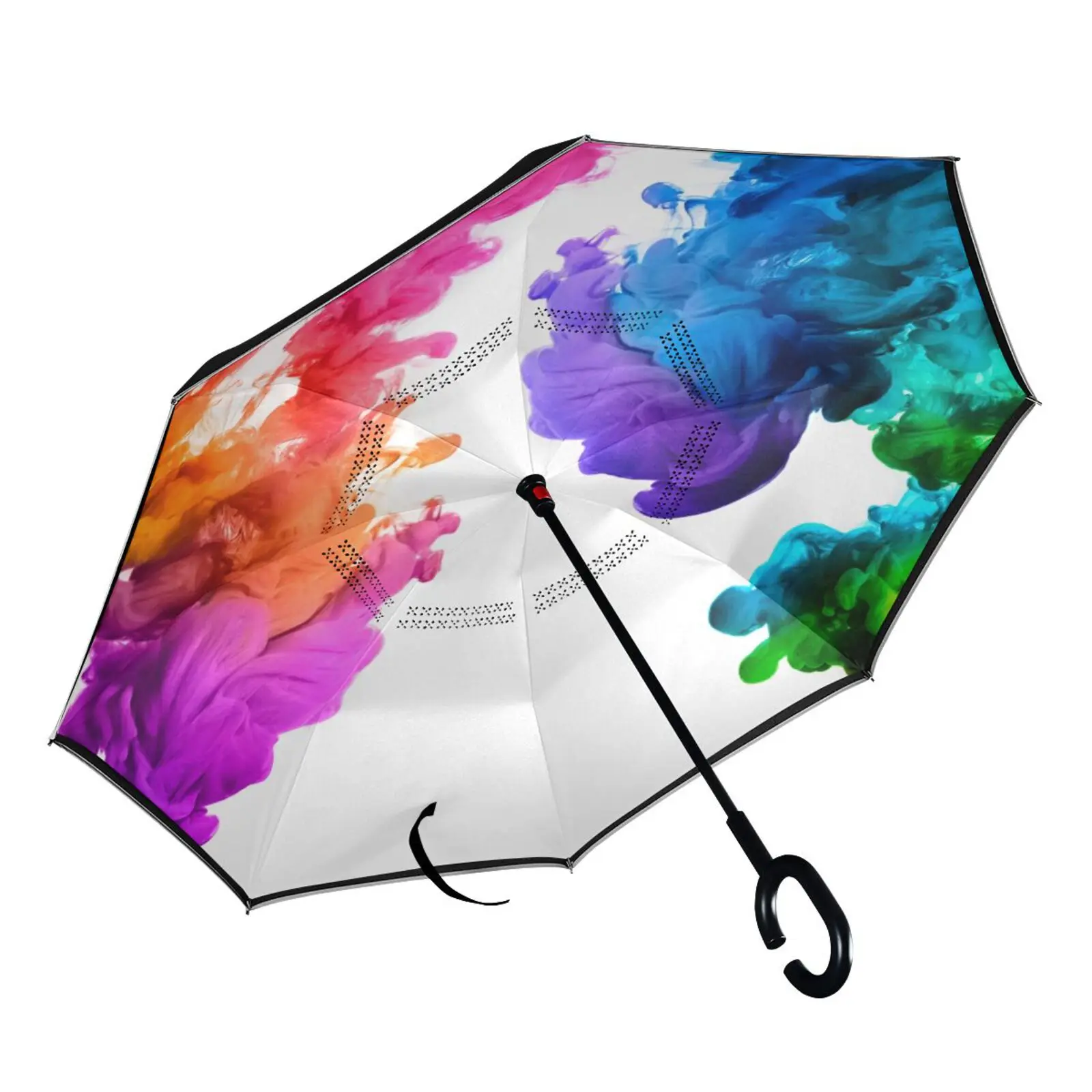 Rainbow pattern Design Manual Reverse Umbrella Long Shank Double Layer Inverted Umbrella With C Handle Rain Umbrella General