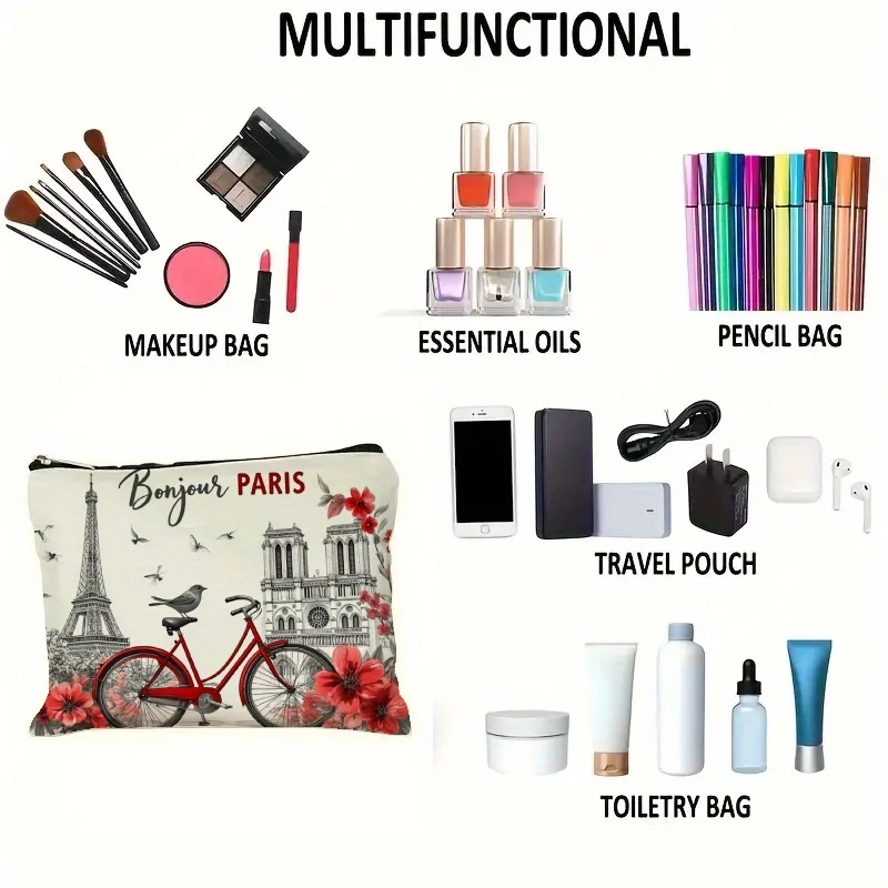 Uma bolsa de maquiagem da Torre Eiffel – Bolsa de maquiagem portátil multifuncional de grande capacidade, bolsa de armazenamento pequena com zíper de viagem perfeita.