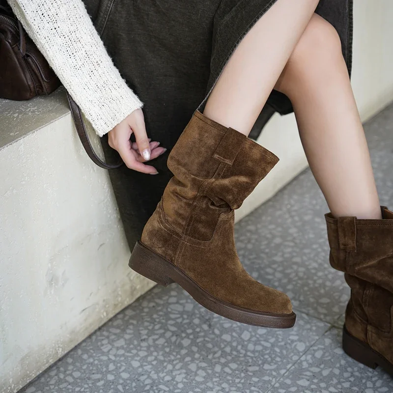 2027 Autumn Winter New Women's Shoes Square Heel Mid Boots Cow Suede Fashion Round Toe Casual Plus Size Women's Calf Boots