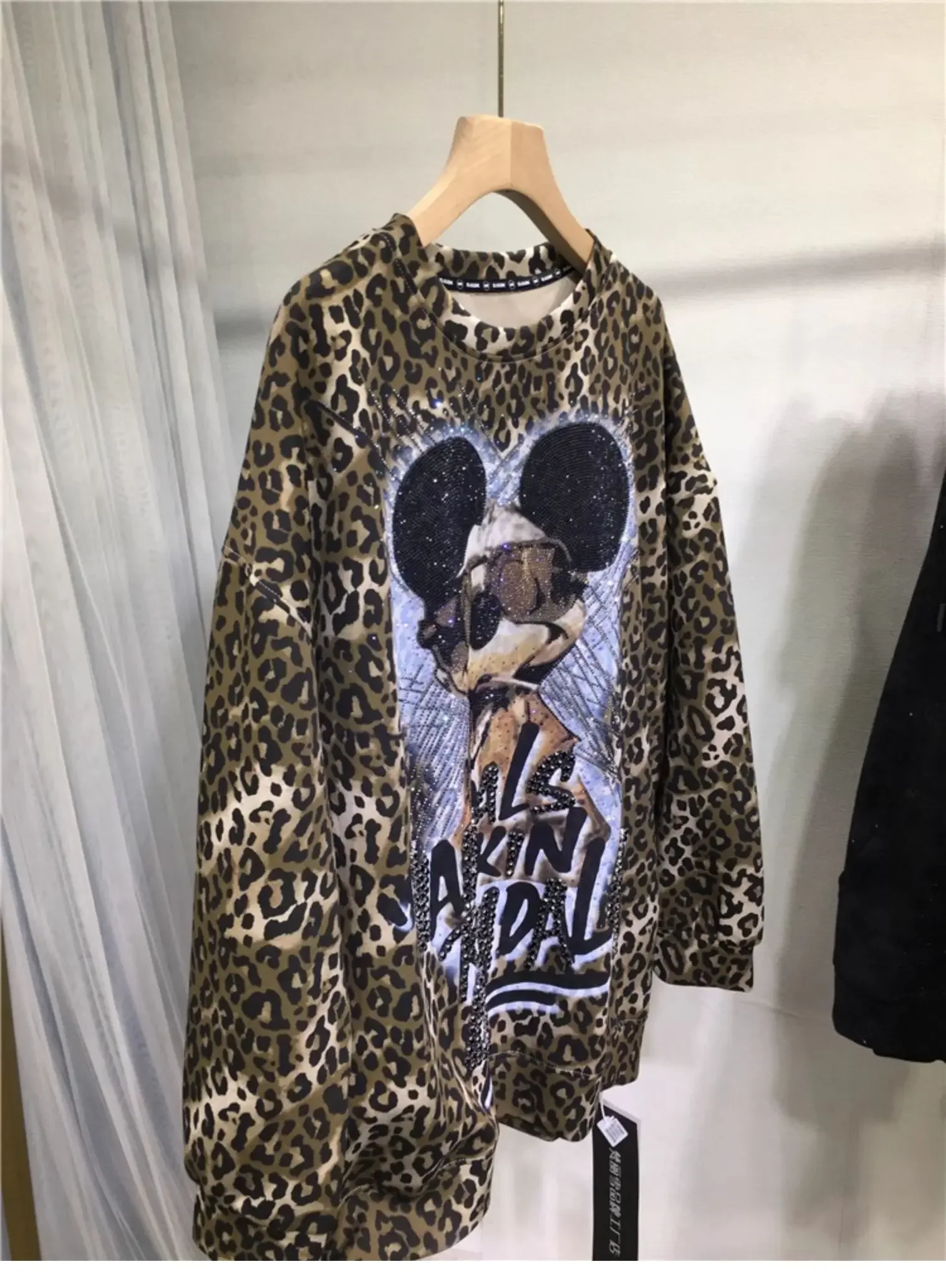 European Goods Heavy Industry Hot Diamond Cute Cartoon Sweatshirts Female Leopard Print Loose Long Sleeves Hoodies Autumn Winter