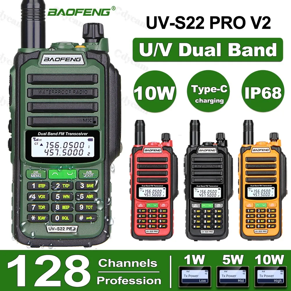 Baofeng UV-S22 Pro V2 10W IP68 Waterproof Walkie Talkie Dual Band Radio VHF UHF CB Ham Radio UV-9R Plus Portable Two Way Radio