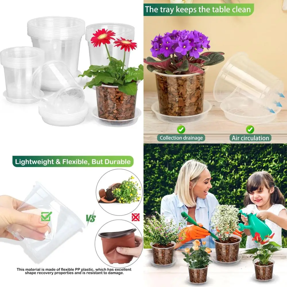 

24 Pack 7/6/5 Inch Clear Nursery Pots with Drainage and Saucers, Clear Plastic Plant Pots for Plants, Seed Starting Pots