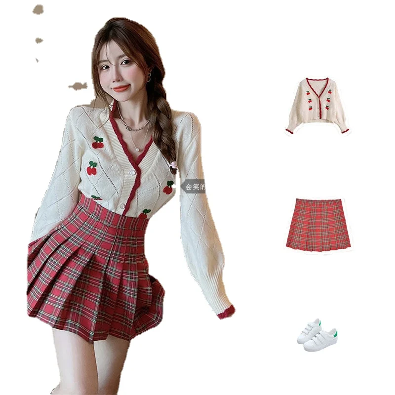 

Korean Style Long-sleeved Knitted Cardigan Short Jacket + Female Autumn High-waist Plaid Pleated Skirt Two-piece Suit