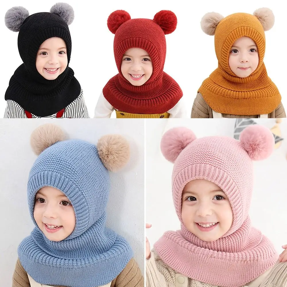 Autumn and Winter Baby Knitted Hat Warm Hats Two Ball Ear Protection Caps Breathable Windproof Head Full Face Neck Cover