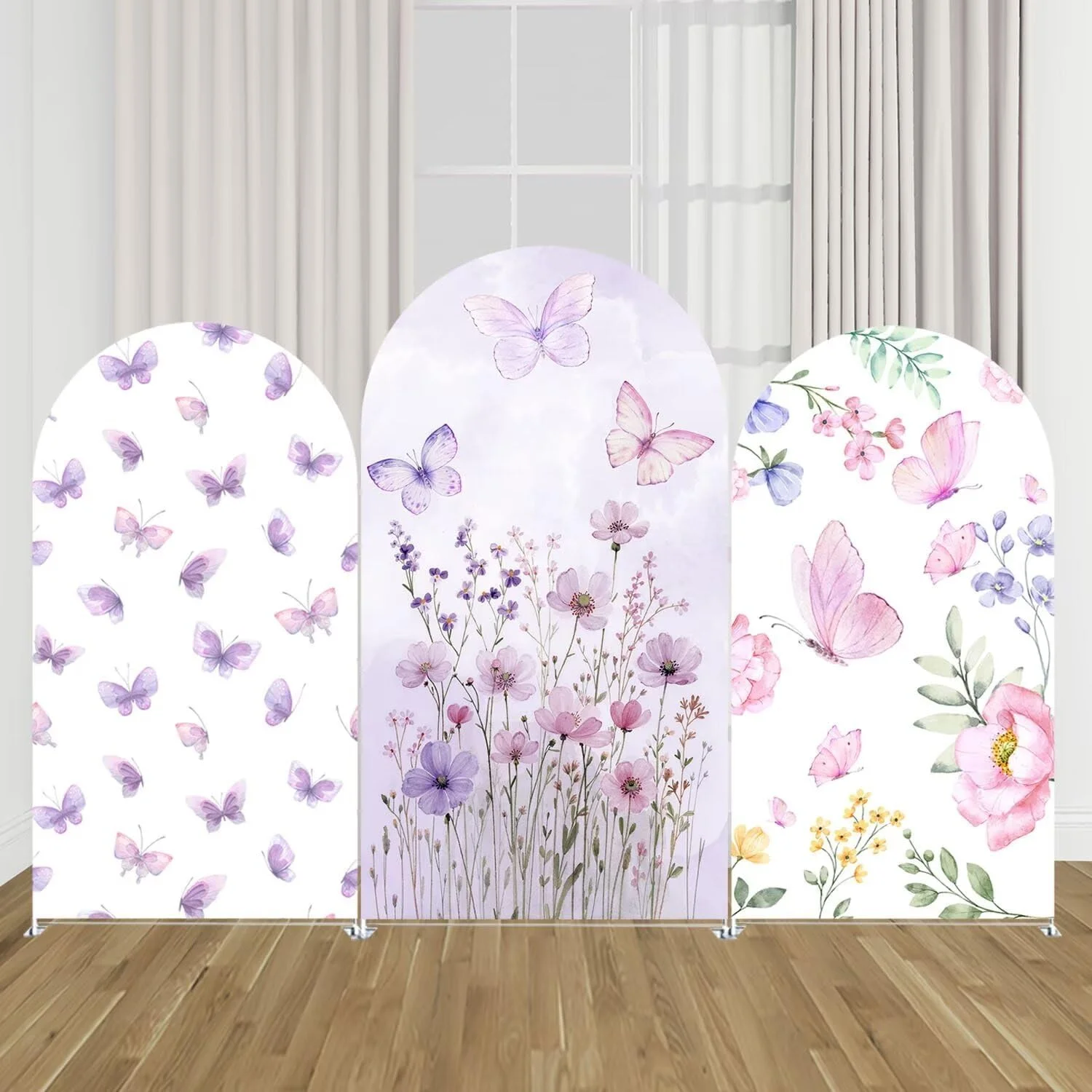 蝶のアーチ型背景カバー-春-ピンク-パープル-花柄-ストレッチ-アーチ型スタンドカバー-女の子の誕生日パーティーデコレーション用