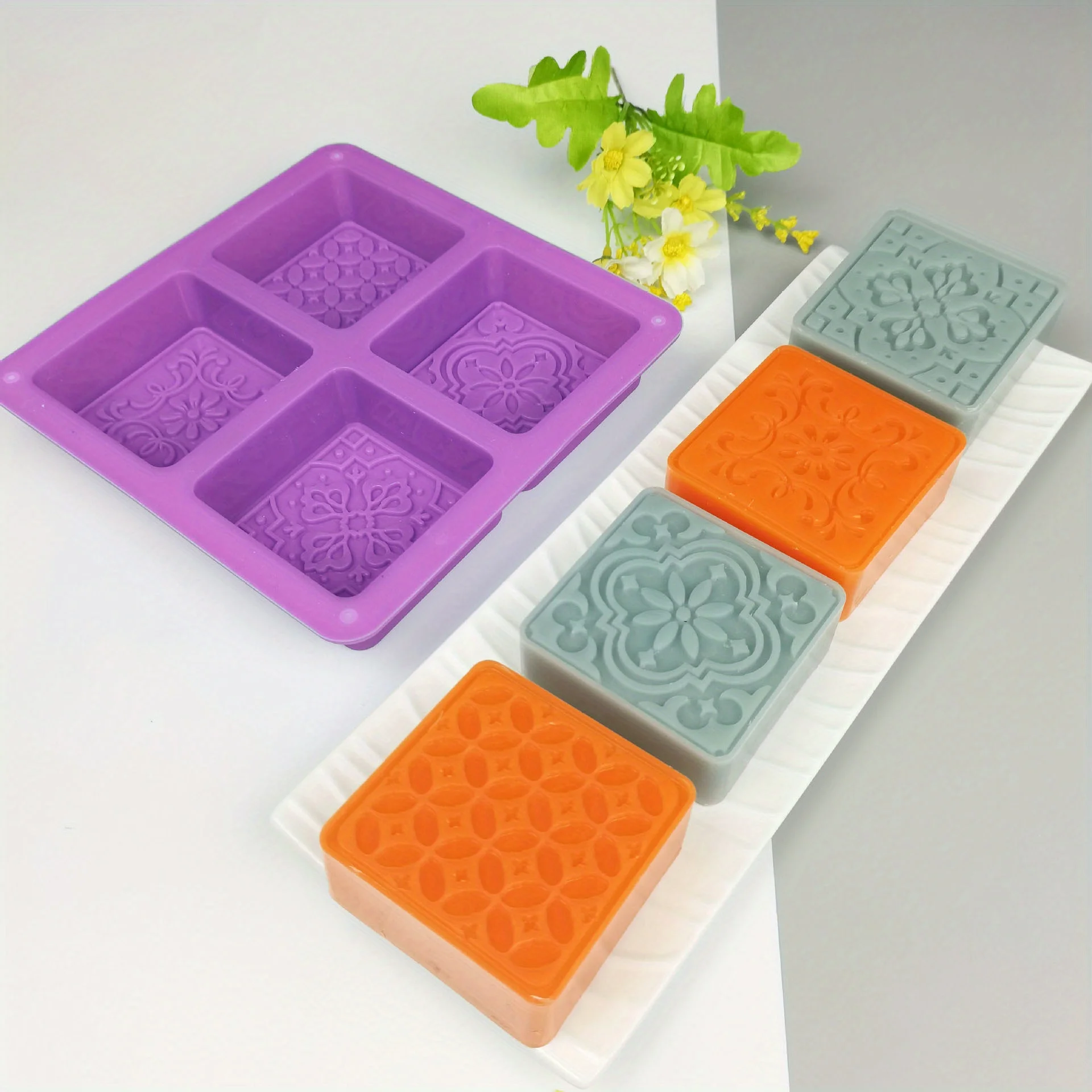 4-Cavity Square Soap Mold with Floral Designs - Silicone Soap Making Molds for DIY Projects