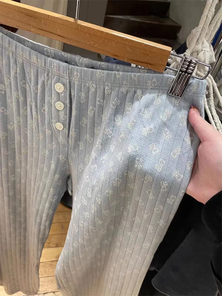 Urso pequeno bonito feminino estampado com ilhó calça reta, cintura elástica de algodão, calça casual para as pernas largas, outono