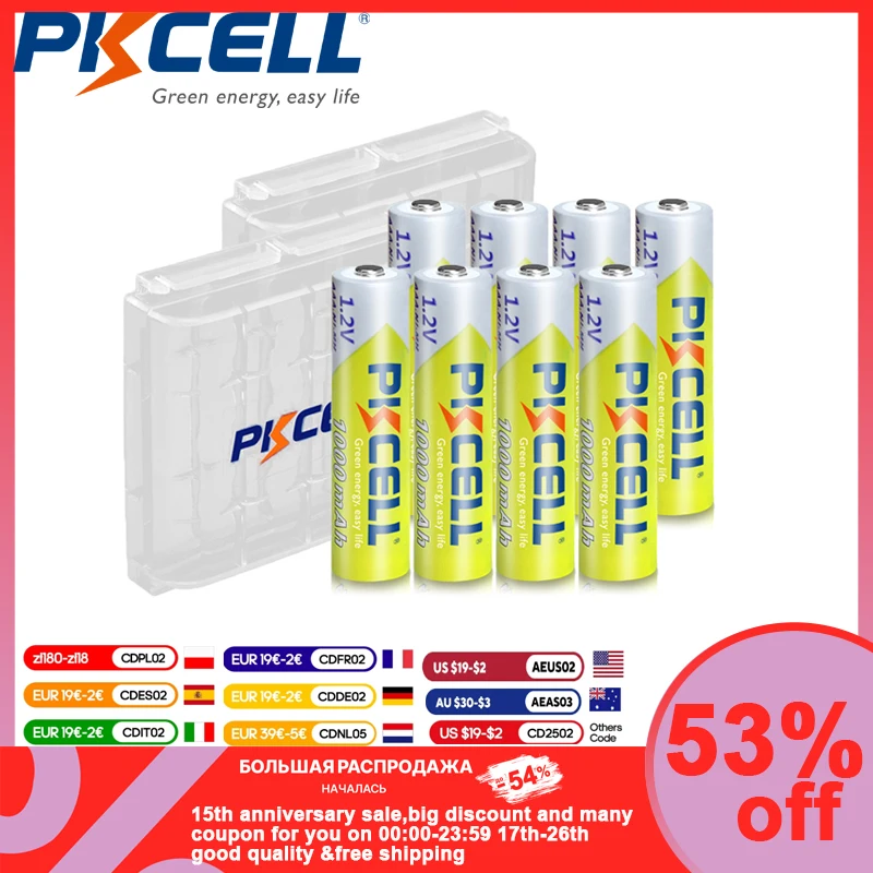 8PC PKCELL AAA Battery 1.2V 1000mah Ni-MH aaa Rechargeable Batteries And 2PC Battery Box For Clock Toys flashlight