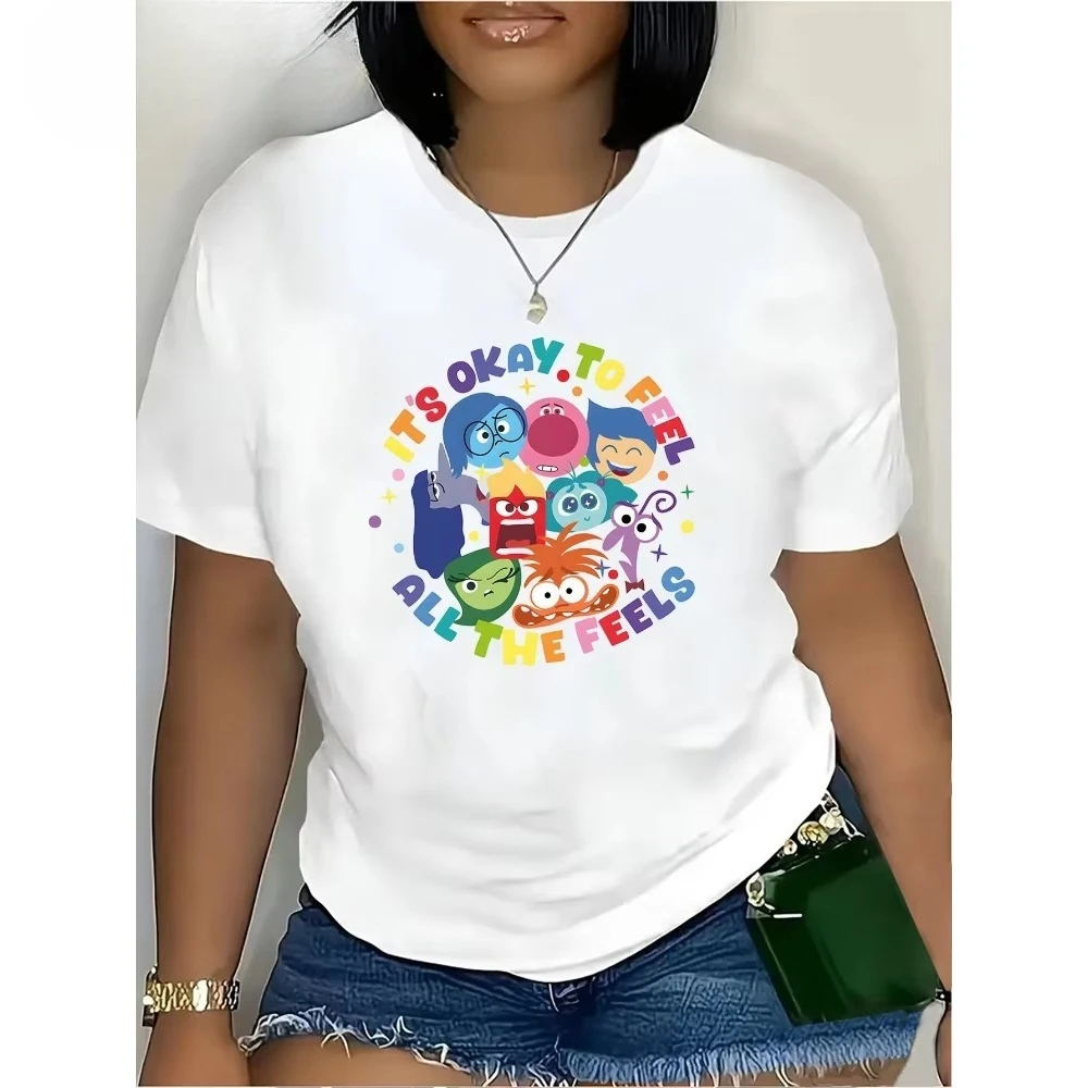 미니소 인사이드 아웃 모든 감정이 괜찮다 여성용 티셔츠 감정 캐릭터 프린트 부드러운 캐주얼 크루넥 티셔츠 면