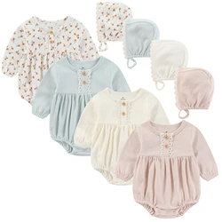 2 Pieces Bodysuit +Hat Long Sleeve Baby Girls Clothes Sets Cotton Newborn Print Baby Girl Jumpsuit Solid Color 6-24M Bebes