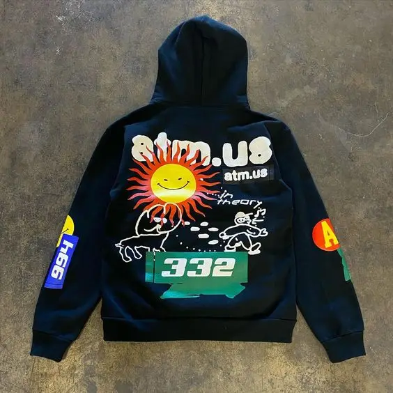 

Loose Fit Unisex Pure Cotton Hoodie Large Loop Design Trendy Streetwear Women's Men's Sweatshirt Graffiti Sun Motif