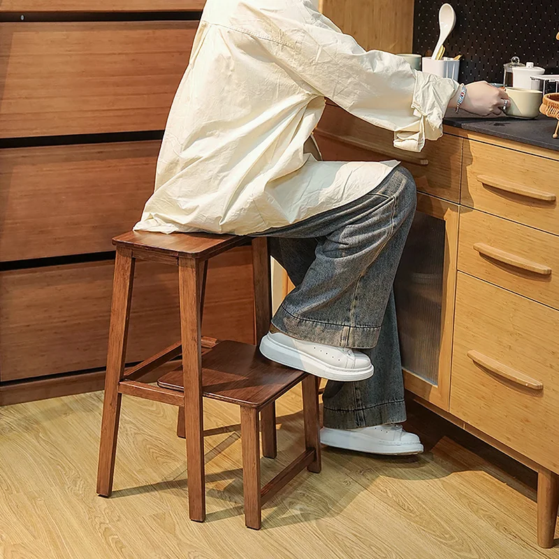 Multifunctional 2-Step Wooden Step Stool with Storage Shelf Kitchen Climbing Ladder High Household