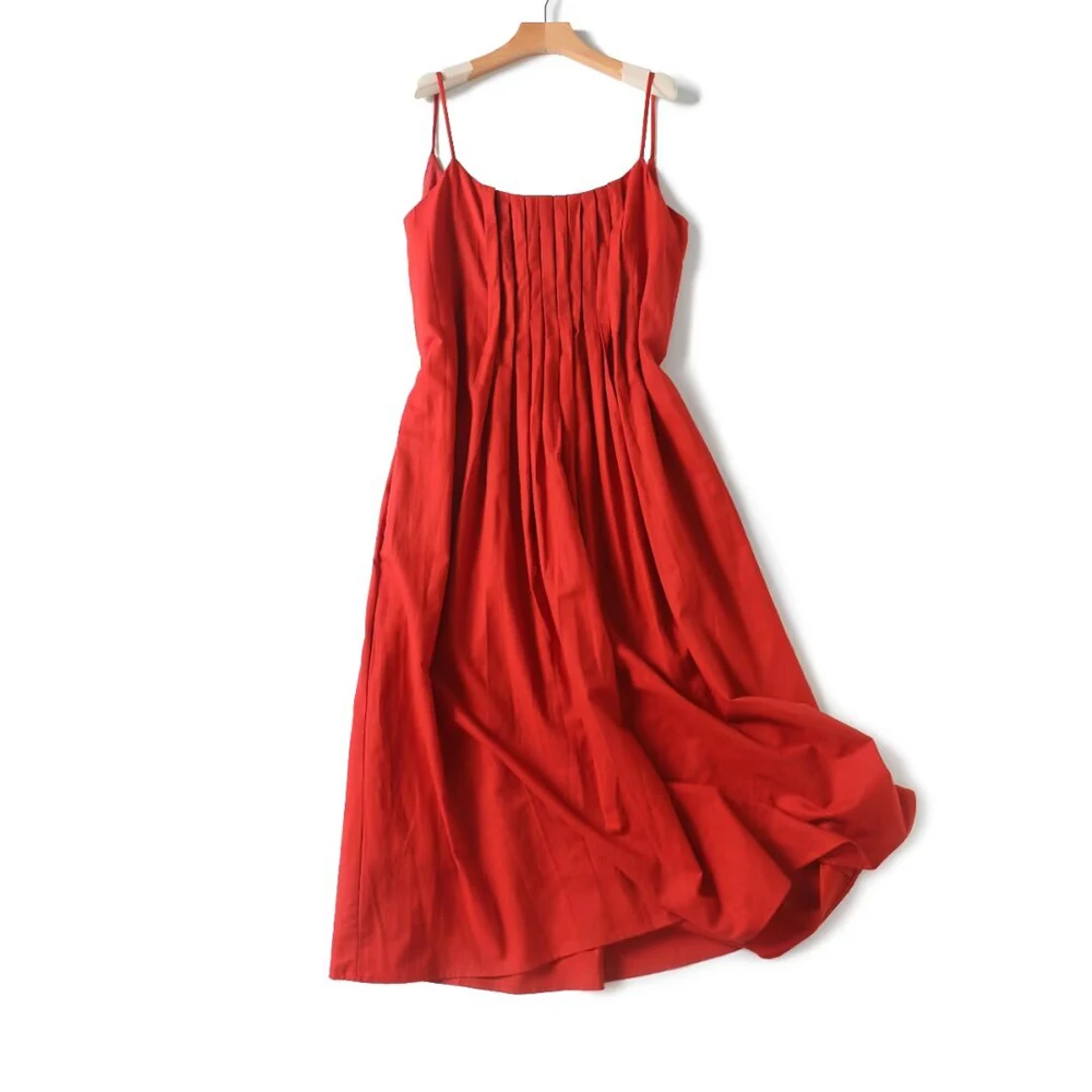 

TRAF ZR Fabulous Flowy Draped Gorgeous Red Dress Elegant Thin Straps Midi Dress Interior Lining Vintage Women's Linen Camis Gown