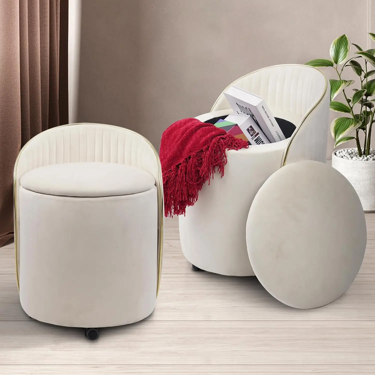 Upholstered Velvet Vanity Stool with Lumbar Support, Swivel Rolling Wheels, Small Foot Stools Coffee Table Padded Seat for Makeu