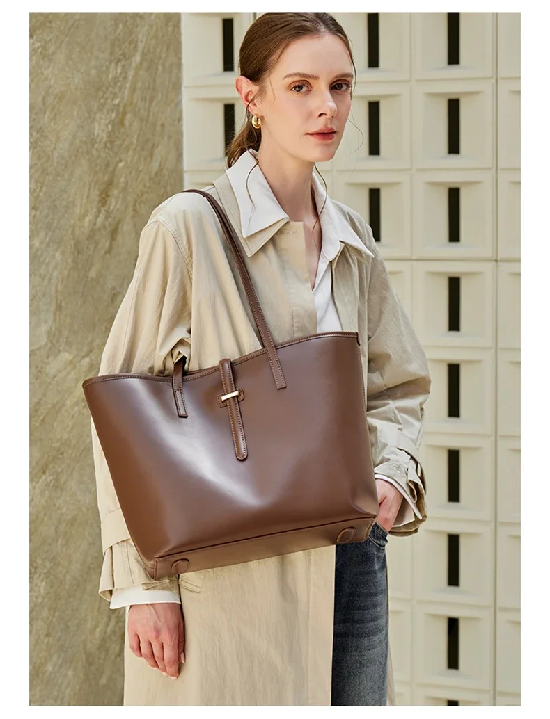 HIFASHION طقم حقائب يد نسائية من جلد البقر الأصلي مكون من قطعتين، حقائب كتف وكروس بودي كبيرة السعة بتصميم ريترو للعمل والتسوق