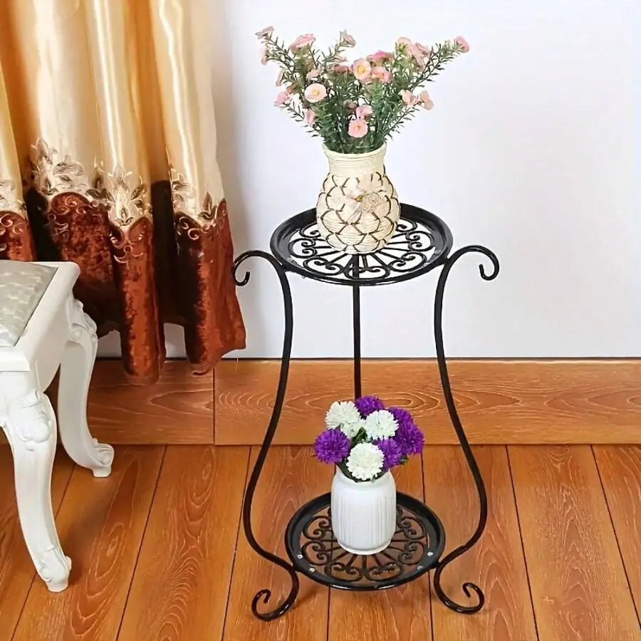 Iron Metal Indoor Plant Stand, 2-Tier Decorative Flower Pot Holder, Modern Home Garden Display Shelf Bracket For Living Room, Ba