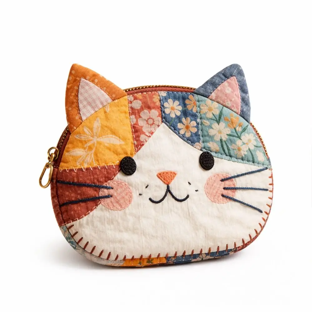 Cute Patchwork Coin Purse Cat Zipper Design Makeup Bag Travel Storage Bag Women Girls