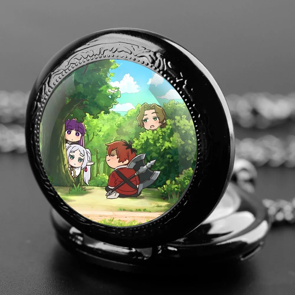 Frieren: Za Granicą Drogowego Czasu Zegarek Kieszonkowy z Szklaną Kopułą i Łańcuszkiem Naszyjnik Vintage Kwarcowy Zegarek Męski Damski Prezent