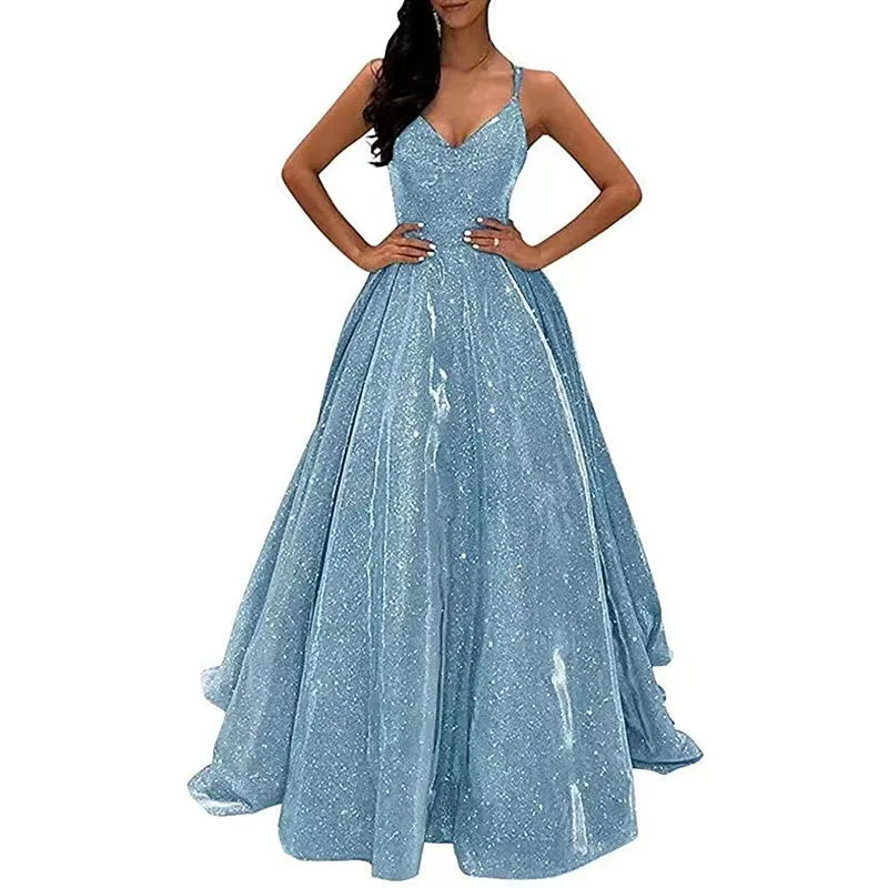 

2025Foreign Trade Fashion Spaghetti Strap Shiny Banquet Event Elegant Slimming Long Dress Evening Gown