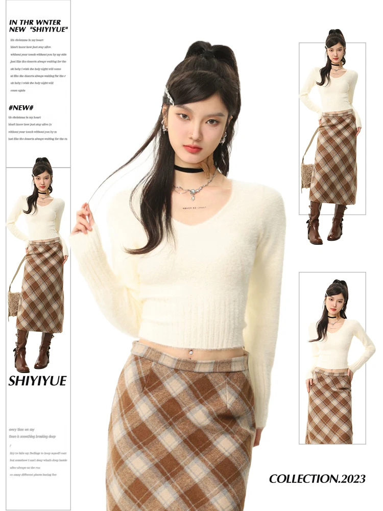 

American Sle ort V-ne Knitted Sweater Women's Slim Fit Inner Wear White Mouton Spring Autumn Season Hot Girl Faion