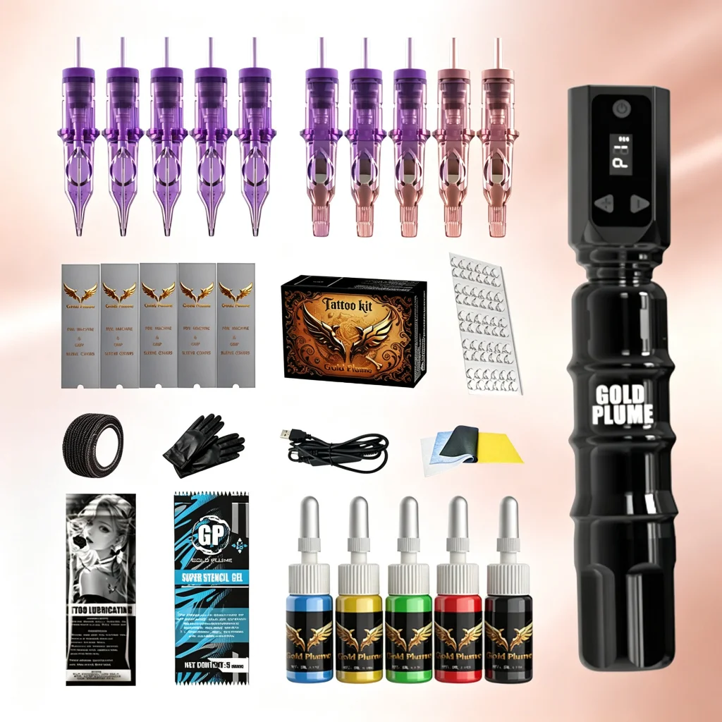 Wireless Rotary Tattoo Pen Machine Kit 1100Mah Integrated Power All in One Complete Tattoo Supplies Mixed Cartridge Needles Multicolor Tattoo Ink Practical Tattoo Tool Set for Beginners Professional Tattoo Practitioners