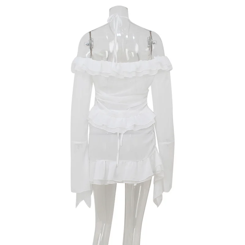 Conjunto de 2 piezas con volantes para mujer, blusas halter de manga larga acampanadas con hombros descubiertos y minifaldas, trajes para fiesta y discoteca
