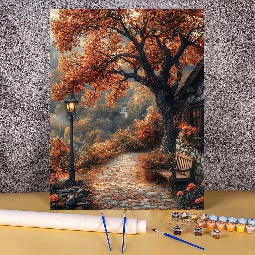 1pc frameless DIY Hand Painting By Numbers Kit Autumn Tree Landscape Acrylic Paint Set Number Drawing Canvas Art Gift Home Decor