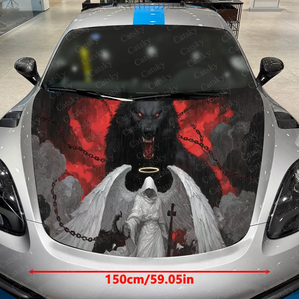 Crimson Fiend Wolf Car Vinyl Wrap, PVC Waterproof Car Hood Sticker, Self-Adhesive Scratch-Resistant Stickers