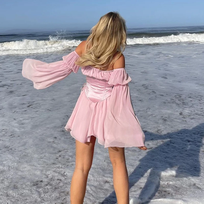 Women Fairy Pink Chiffon Mini Dress Chic Bandage Corset Vintage Long Puff Sleeve Sundress Slash Neck Bridesmaid Bodycon Beach