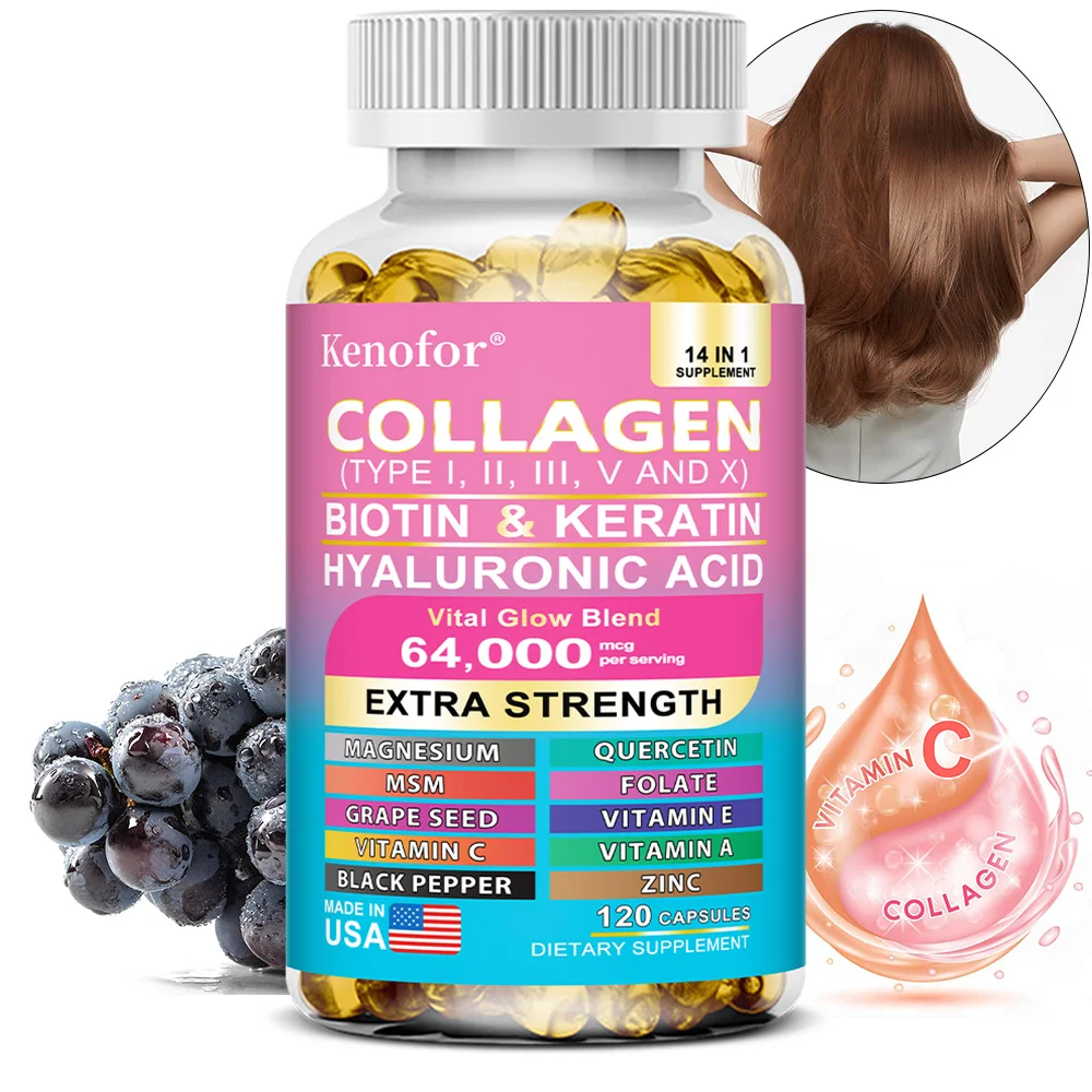 Collagen Capsules with Types I,II,III,V,X + Biotin Keratin Vitamins, Anti‑Aging, Skin Whitening, Hair, Nail Care & Joint Support
