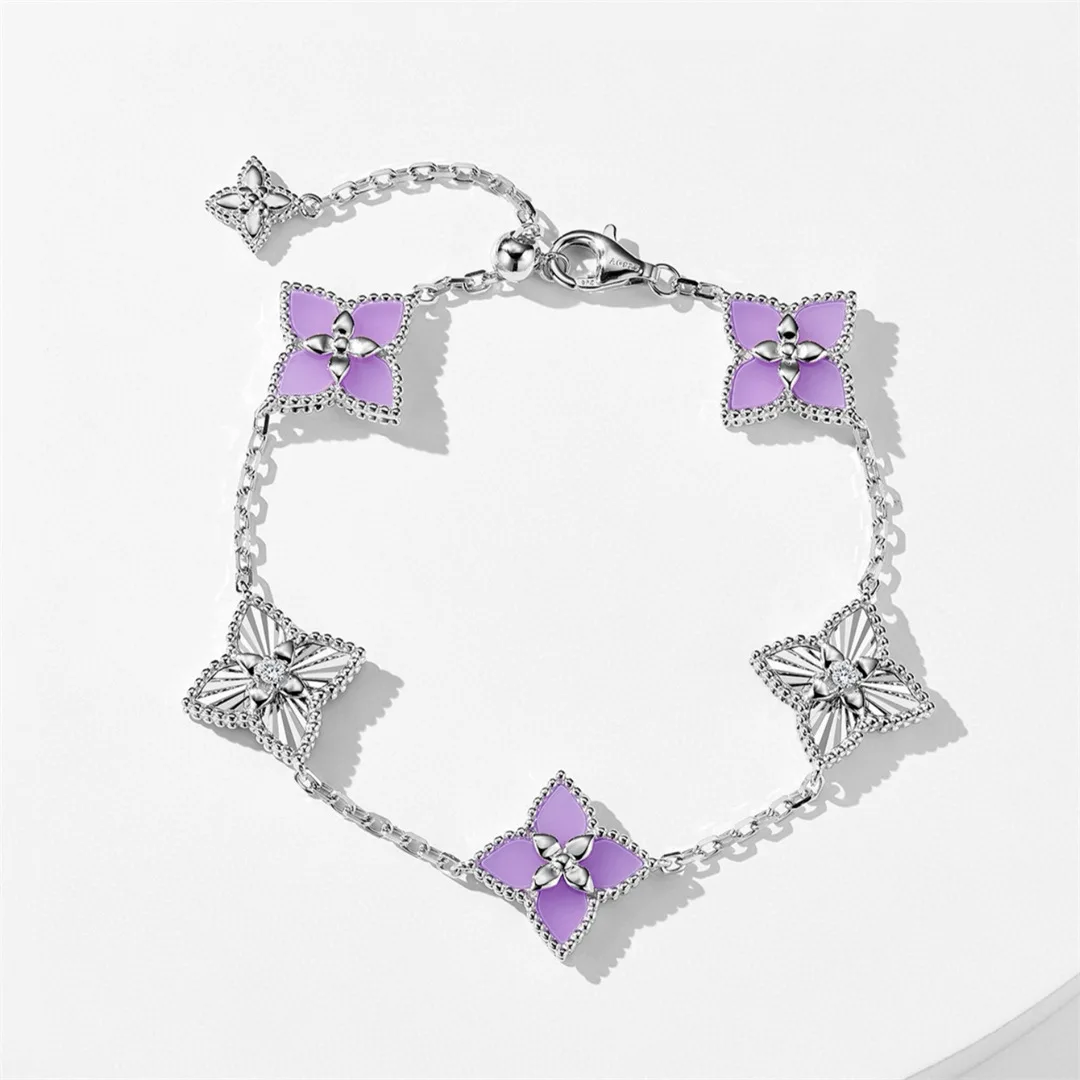 

Rhombus Four-leaf Clover Five-flower Bracelet S925 Silver Purple Chalcedony Small Flower Jewelry Laser Flower Four-leaf Flower