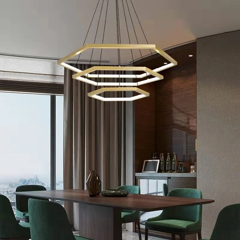 Creatieve Noordse Zeshoekige Kroonluchter Woonkamer Dding Hanger Moderne Eenvoudige Aluminium Led Bar Restaurant Polygoon Plafondlamp