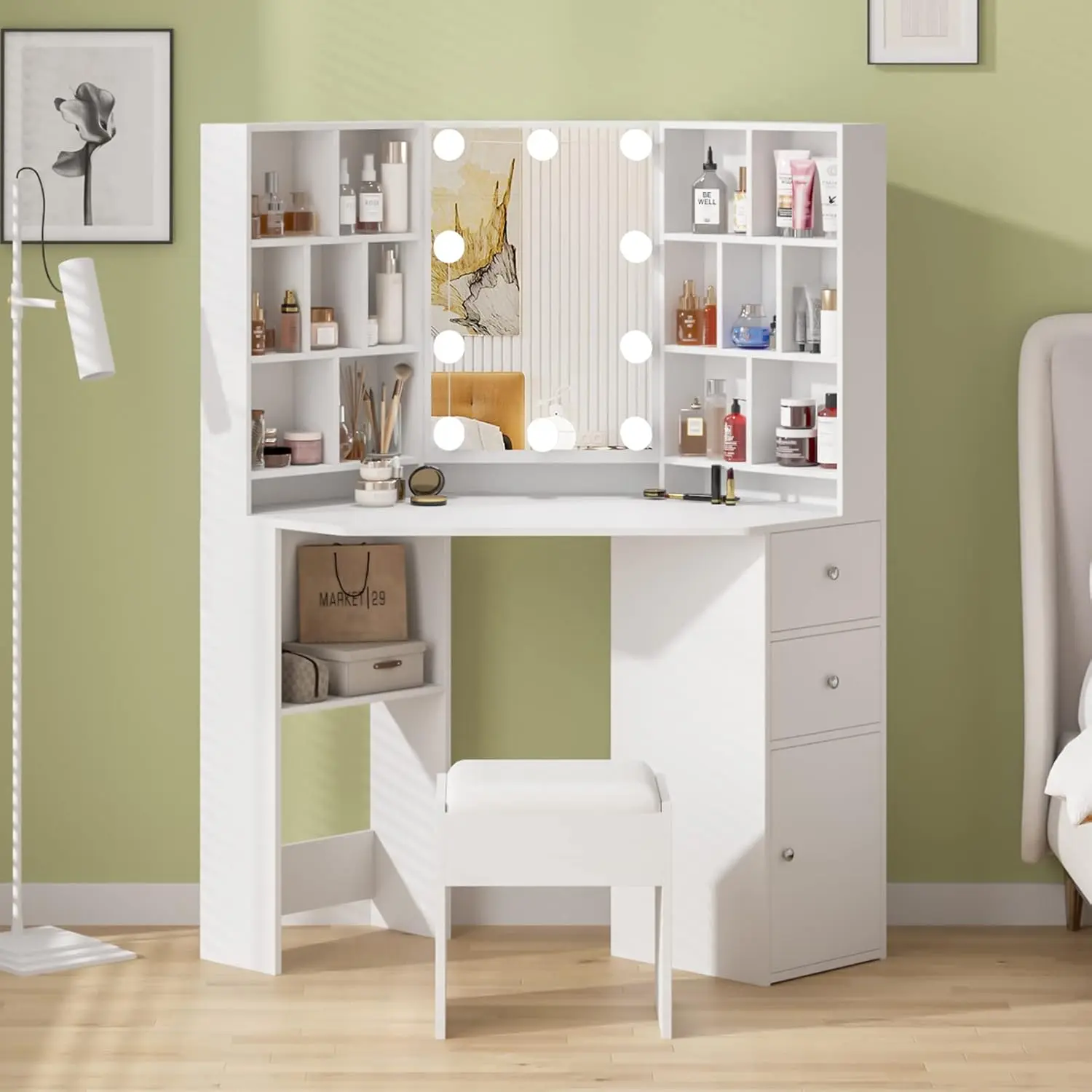 Fameill Corner Makeup Vanity Desk with Lighted Mirror,White Vanity Set with Lights,Large Dressing Tables with Lots Storage for