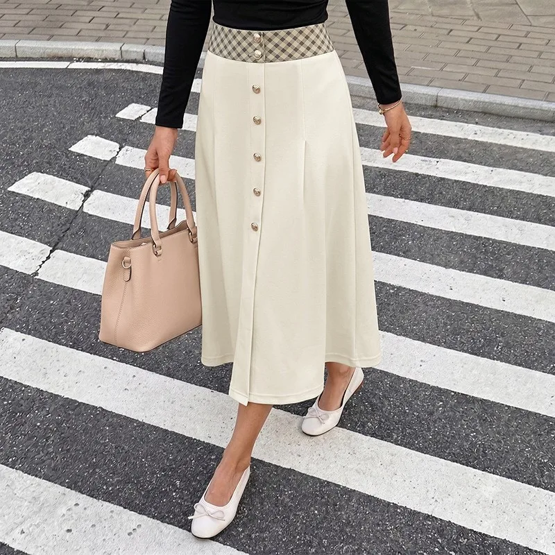 Women's Retro Flared Midi Knit Skirt High Waist Color Block Plaid Long Skirt for Women Casual Wear with Button Front and