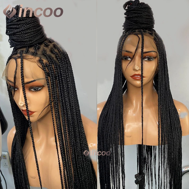 Synthetic Small Box Braided Lace Front Wigs 36" Full Lace Braided Wigs Cornrow Knotless Braided Wigs African Square Hair Wigs