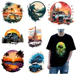 Sunset and Sunset Scenery dtf Heat Transfer iron on transfer for clothing Iron On Patches Thermal for Clothing Iron On Patches.