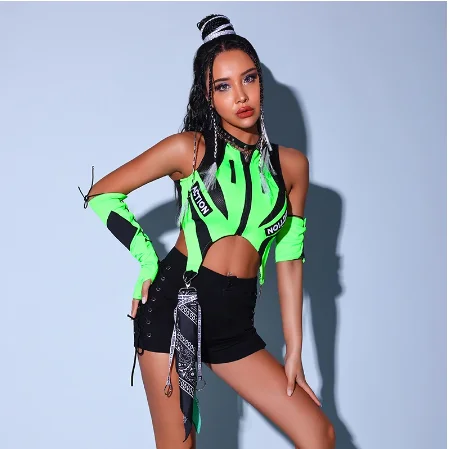 2023 New Fluorescent Green Tops Black Shorts Kpop Outfits For Girls Group Jazz Dance Costumes Pole Dance Rave Clothes