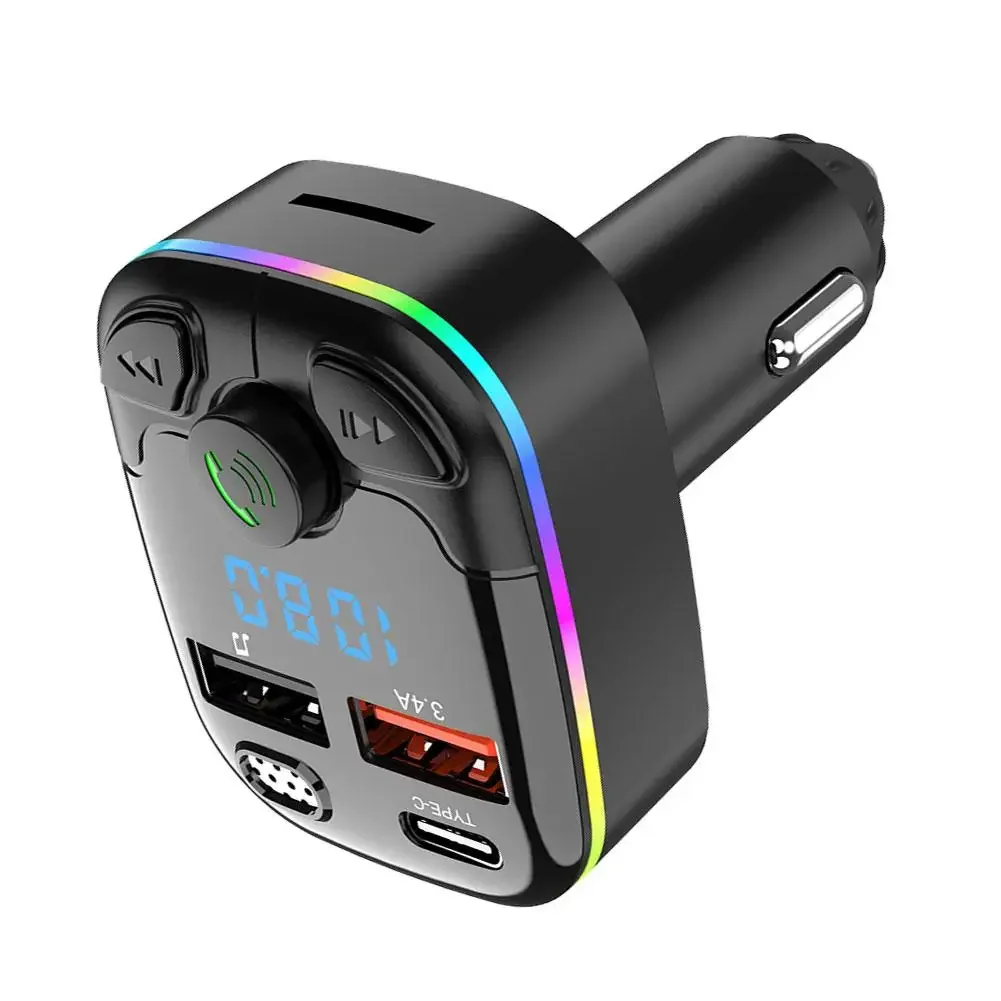 Bluetooth 5.0 carro transmissor fm pd tipo-c duplo usb leitor ambiente mp3 carregador tipo-c luz sem fio 18w handsfree pd qc3.0 y3z4