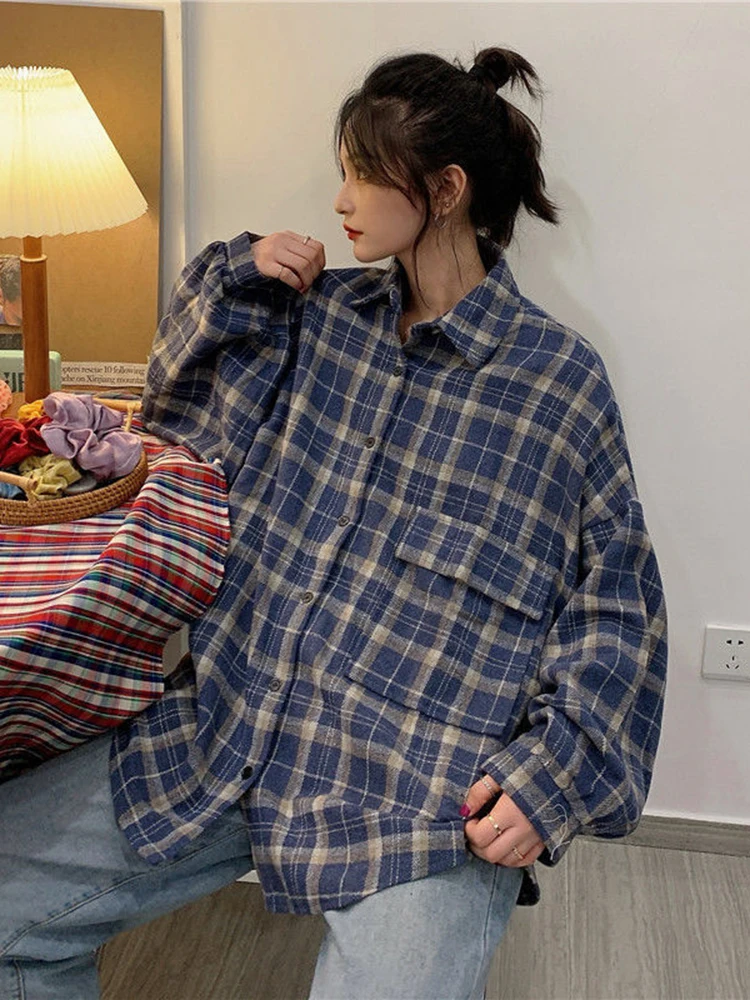 JMPRS Thick Women Shirts Oversize Casual Button Up Loose Shirt Vintage Plaid Pocket Long Sleeve Fall Black Female Tops New