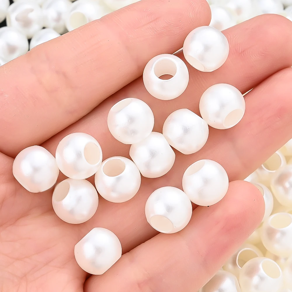 100 Stück 10mm Weiße Imitationsperlen aus Acryl mit Großem Loch für DIY Schmuckherstellung Armbänder Halsketten Perlen-Zubehör – Detail 3
