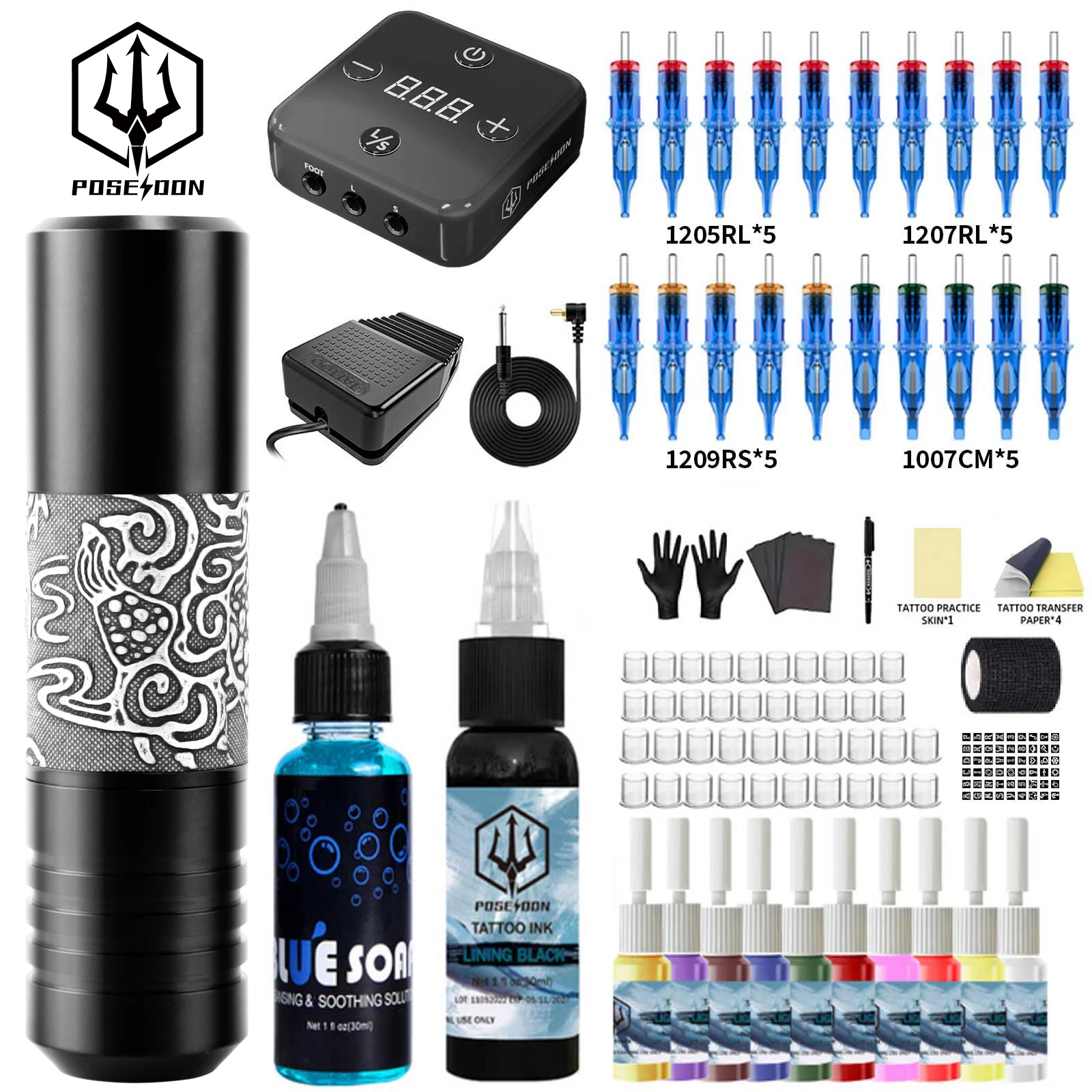 

Tattoo Kit POSEIDON Professional Tattoo Pen Kit For Permanent Makeup Tattoo Machine High Power Tattoo Power Supply Tattoo Kit