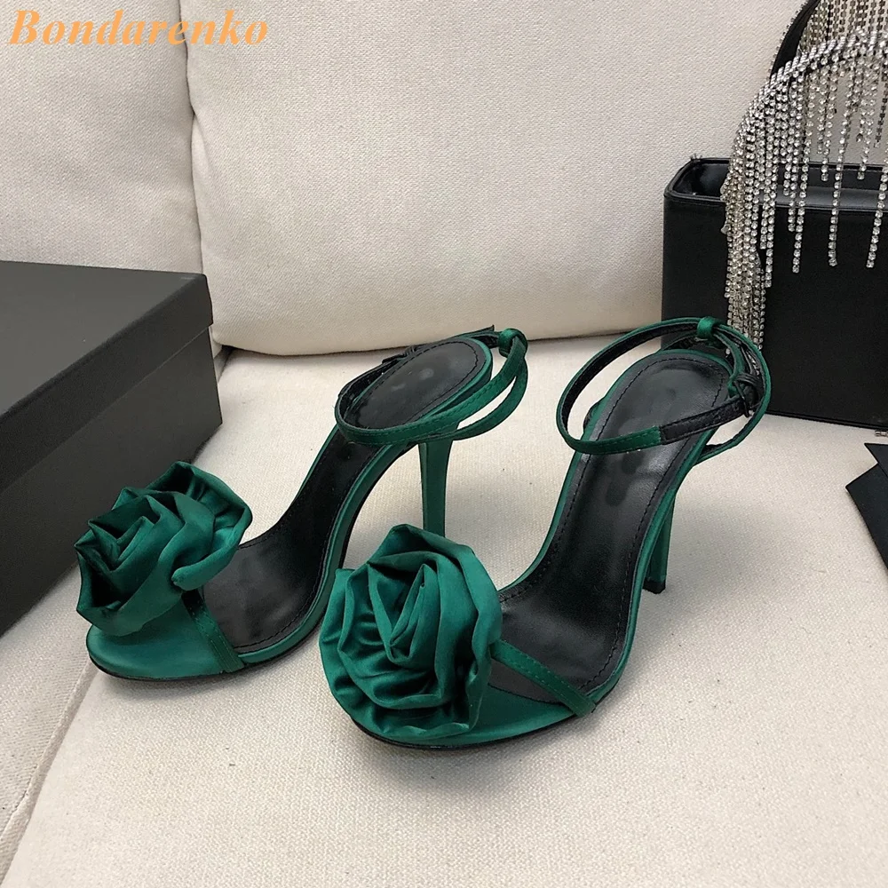 Flower Decor Satin Sandals Thin High Heel Runway 2024 Summer Fashion Solid Rosy Black New Arrivals Women Sandals