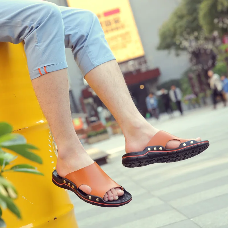 2023 Genuine Cow Leather Slippers Couple Outdoor Non-slip Men Women Home Fashion Casual Single Shoes PVC Soft Soles