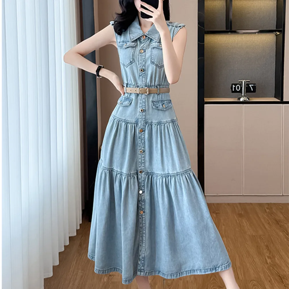 

Fashion Party Slim Fit Denim Dress Women's Turn-down Collar New 2025 Summer Trendy Single Breasted Split Dresses Female