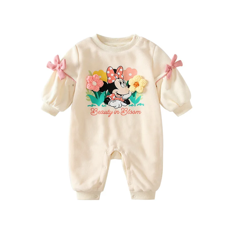 

MINISO Minnie Baby Girl Winter Onesie Warm Romper Flowers Cute Outdoor Outfit Soft Infant Clothes Long Sleeve Bodysuit 0-1 years