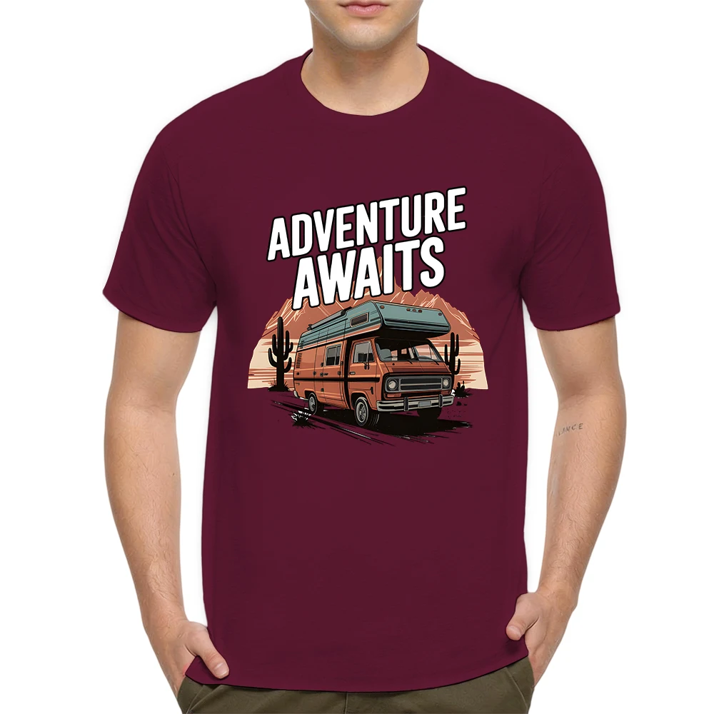 Mens 100% Cotton T Shirt Adventure Awaits Retro RV Camper Van Desert Cactus Mountain Print Breathable Short Sleeve Daily Wear
