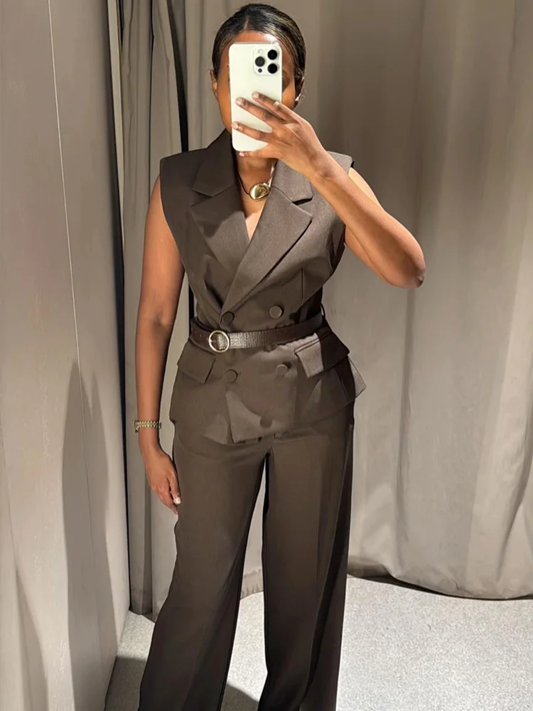 

HH летний однотонный комплект из 2 предметов, женский двубортный жилет без рукавов с поясом + высокая талия, карманы на молнии, повседневные прямые брюки